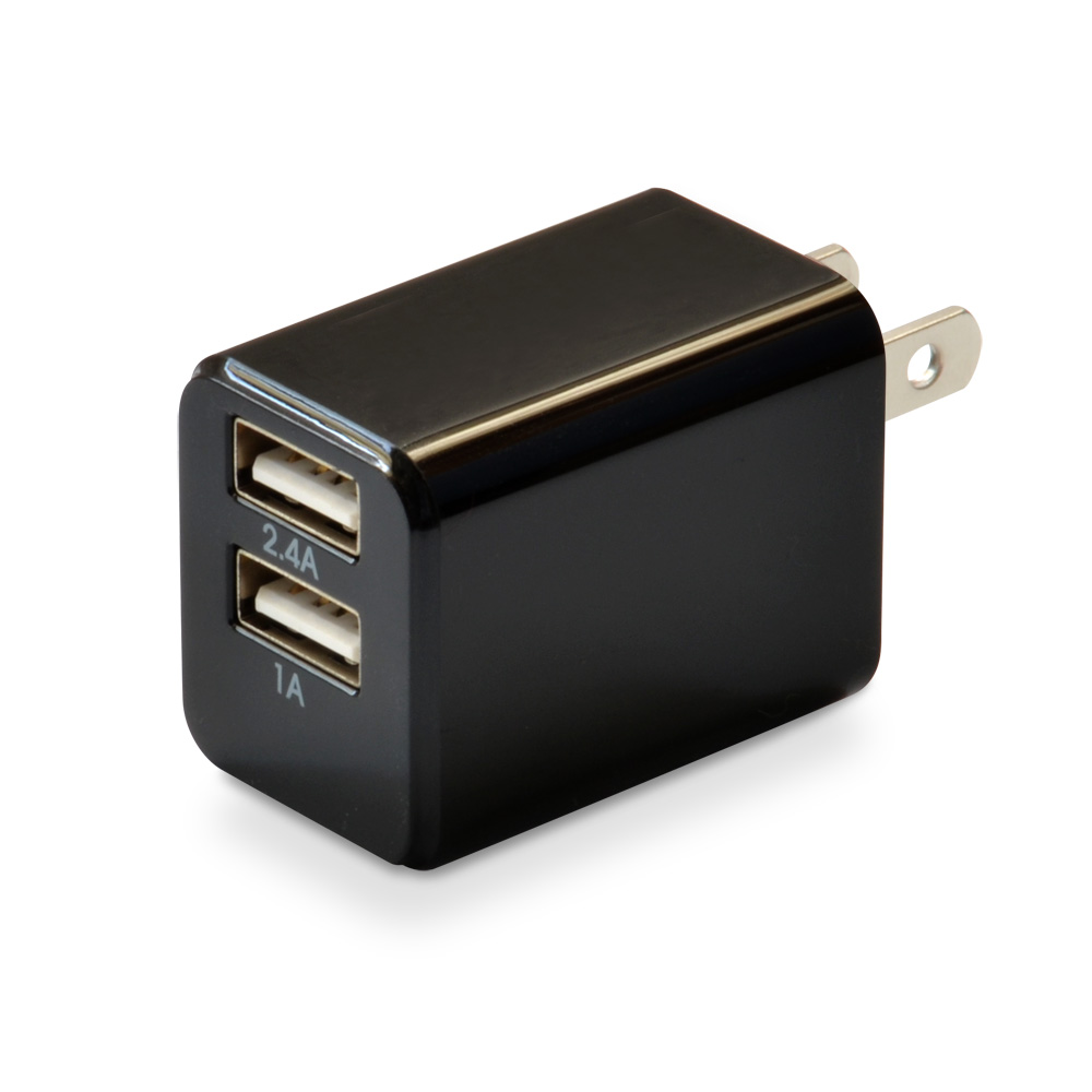 キューブタイプの 2.4A対応 2ポート USB充電器 ブラック – CUBEAC224BK