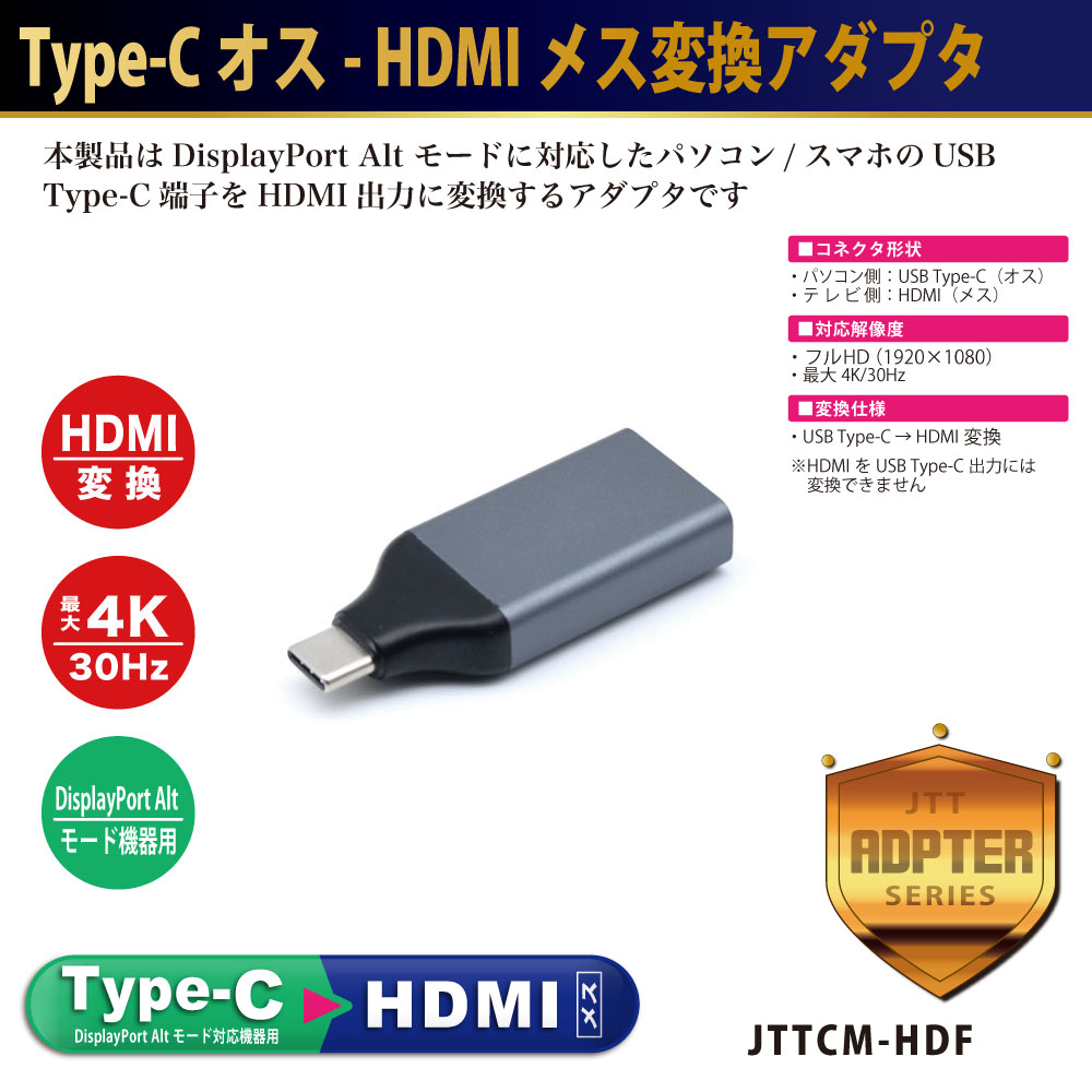 Type-Cオス - HDMIメス変換アダプタ - DisplayPort Altモード対応